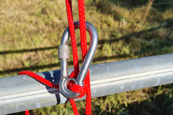 Carabiner Clip - Heavy Duty, with red rope. Close up 